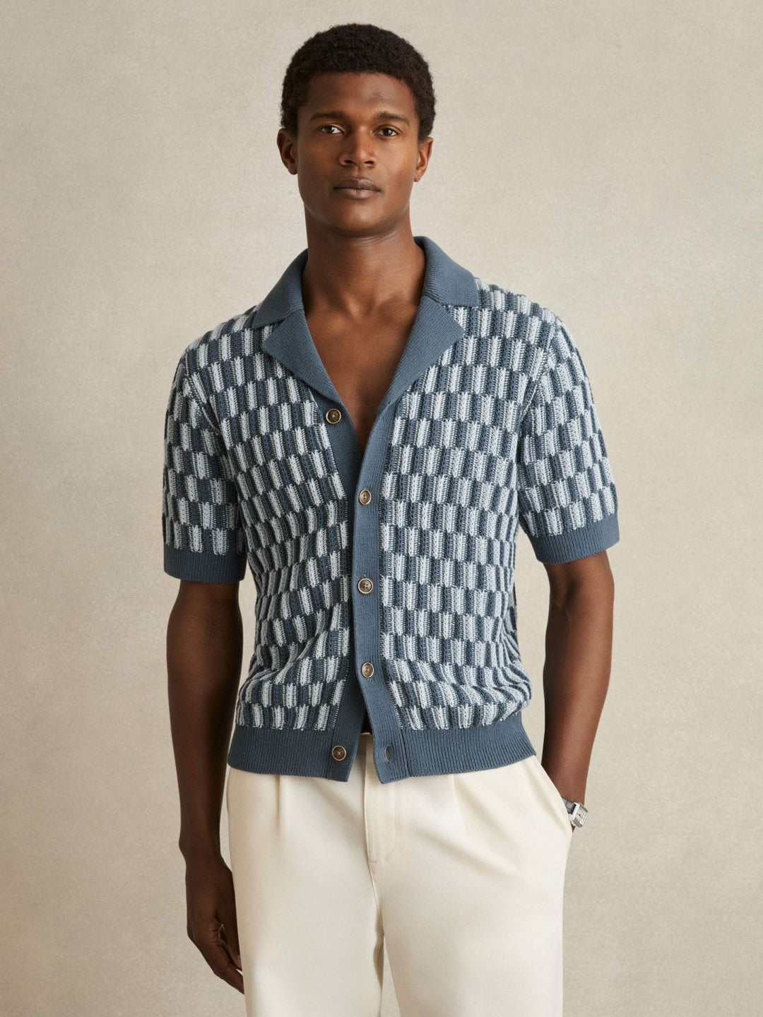 Men Cotton Checkerboard-Knit Shirt in Airforce Blue/Soft Blue