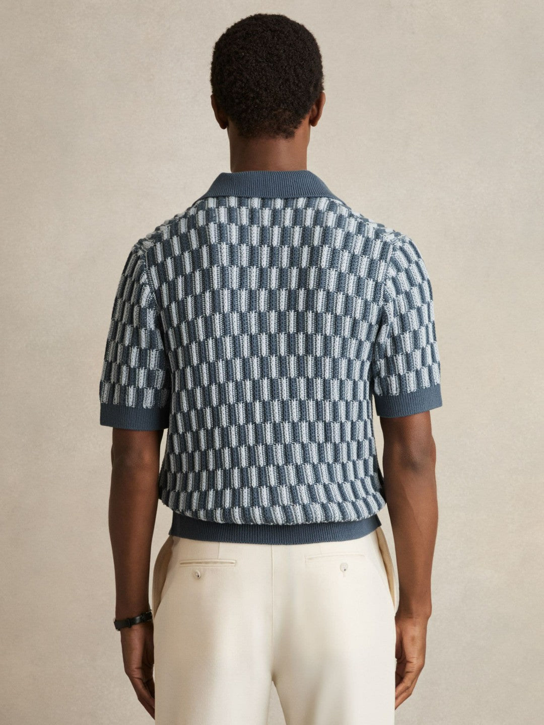 Men Cotton Checkerboard-Knit Shirt in Airforce Blue/Soft Blue