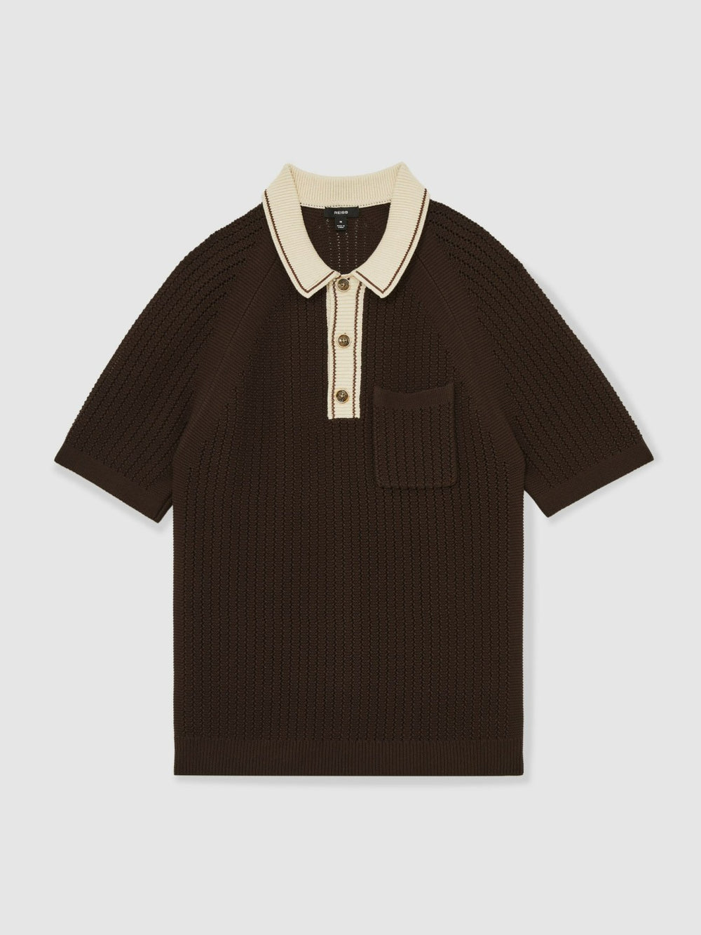 Men Cotton Textured Knit Contrast Polo Shirt in Dark Brown/Stone