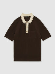 Men Cotton Textured Knit Contrast Polo Shirt in Dark Brown/Stone