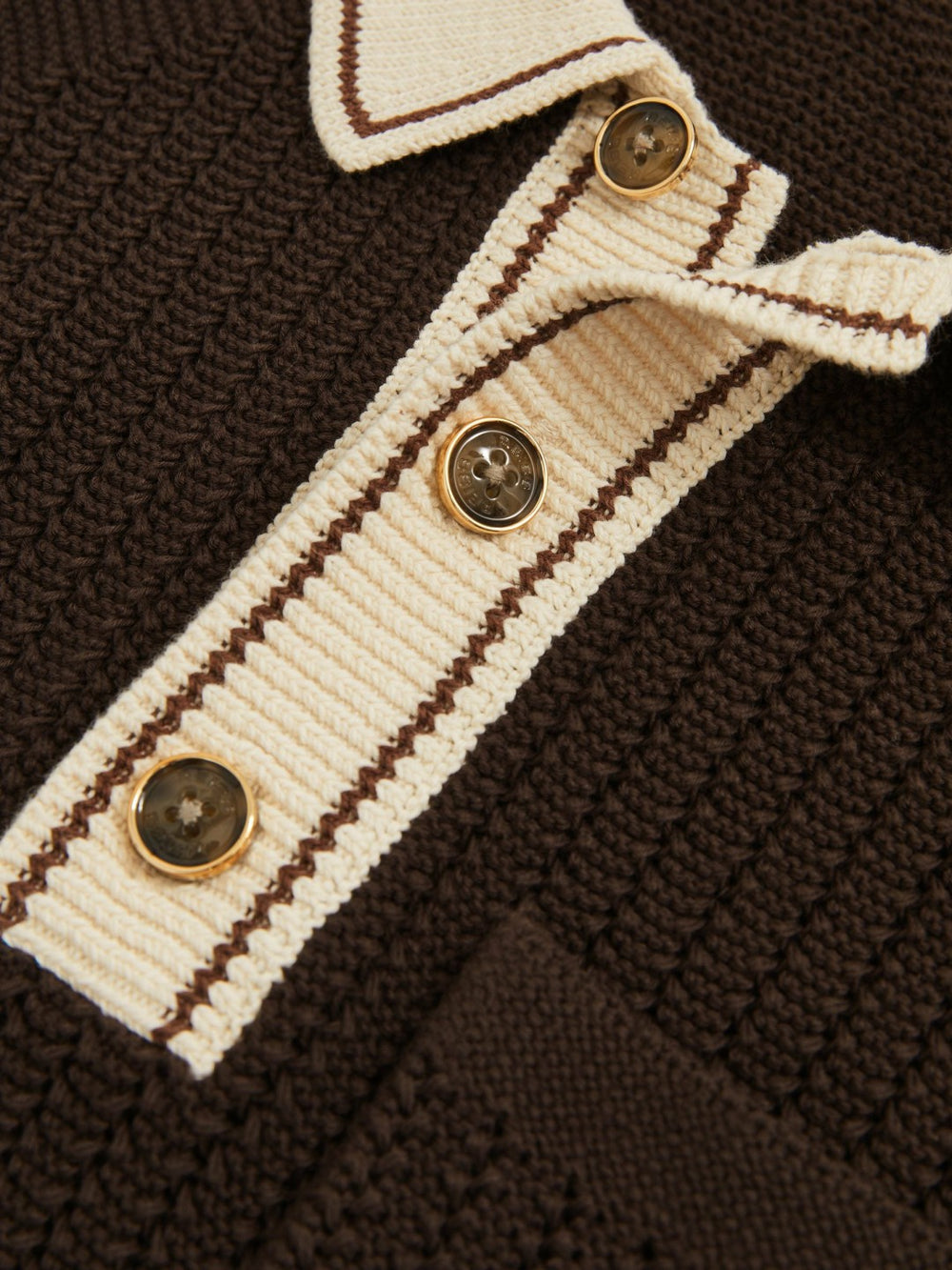 Men Cotton Textured Knit Contrast Polo Shirt in Dark Brown/Stone