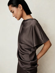 Women Satin Asymmetric Draped Midi Dress in Mauve