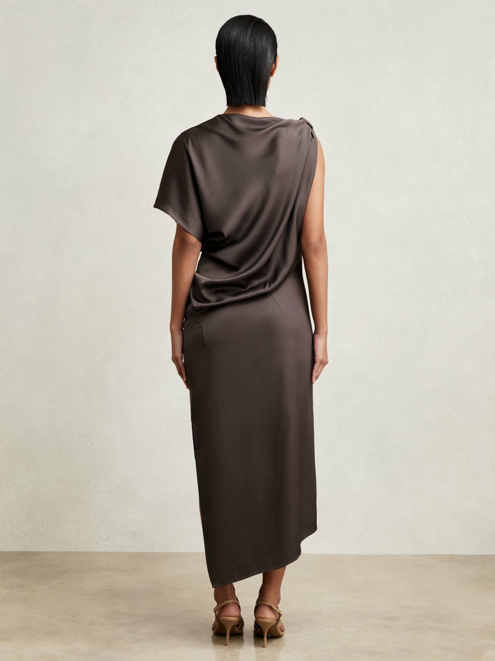 Women Satin Asymmetric Draped Midi Dress in Mauve