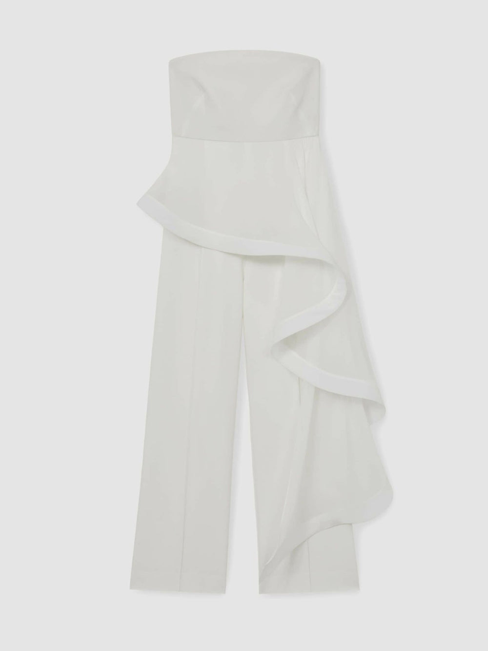 Women Silk Ruffle Bandeau Wide-Leg Jumpsuit in Ivory