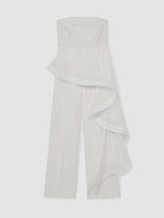Women Silk Ruffle Bandeau Wide-Leg Jumpsuit in Ivory