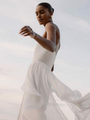 Women Silk Ruffle Bandeau Wide-Leg Jumpsuit in Ivory