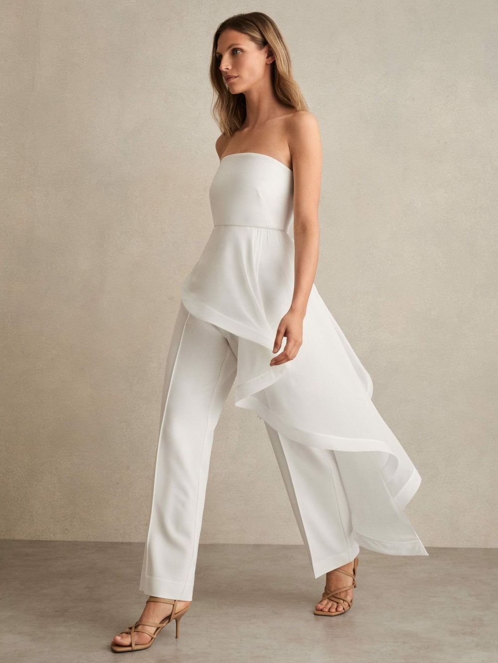 Women Silk Ruffle Bandeau Wide-Leg Jumpsuit in Ivory