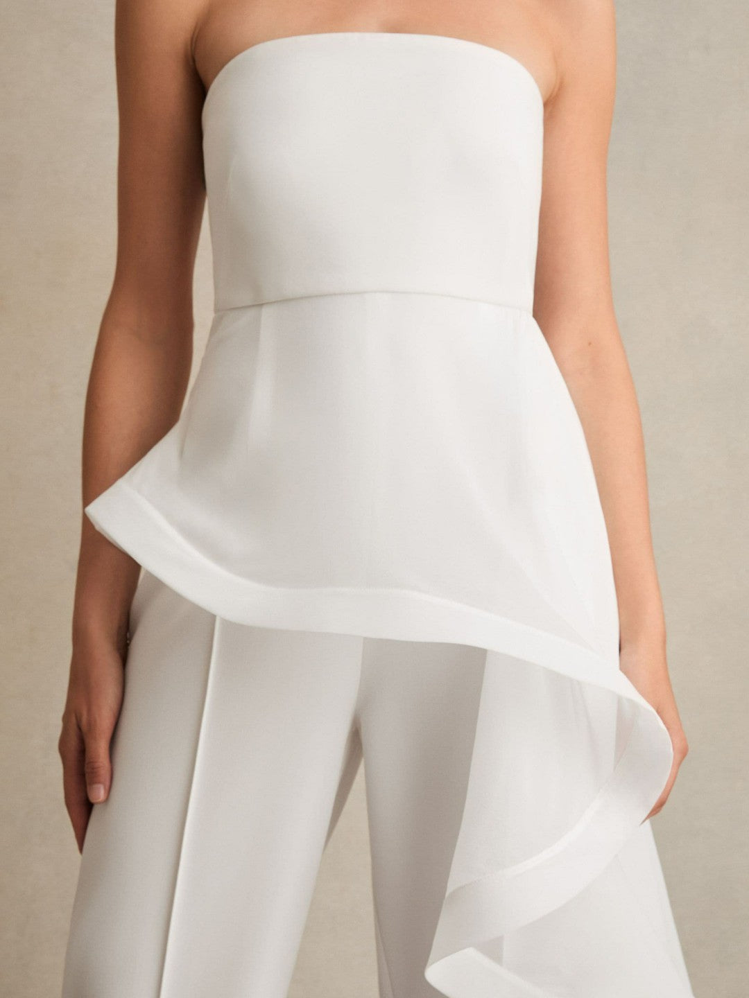 Women Silk Ruffle Bandeau Wide-Leg Jumpsuit in Ivory