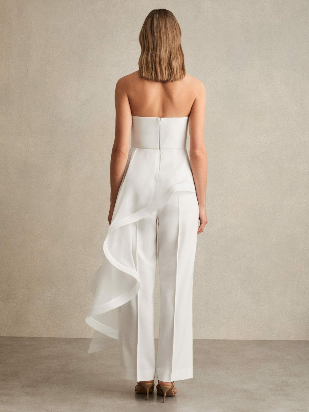 Women Silk Ruffle Bandeau Wide-Leg Jumpsuit in Ivory