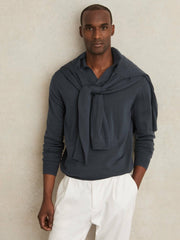 Men Merino Wool Open-Collar Polo Shirt in Midnight Navy