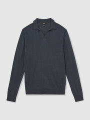 Men Merino Wool Open-Collar Polo Shirt in Midnight Navy