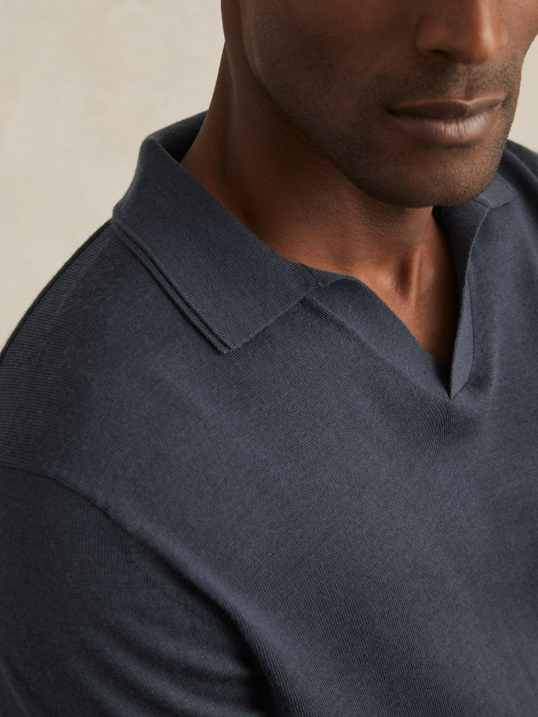 Men Merino Wool Open-Collar Polo Shirt in Midnight Navy
