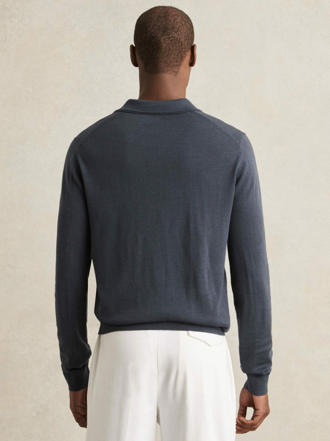 Men Merino Wool Open-Collar Polo Shirt in Midnight Navy