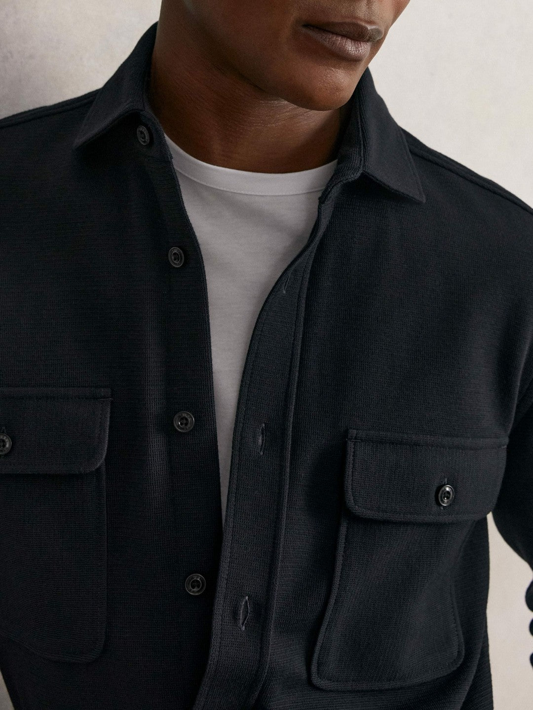 Men Textured Twin Pocket Cotton Blend Overshirt in Navy