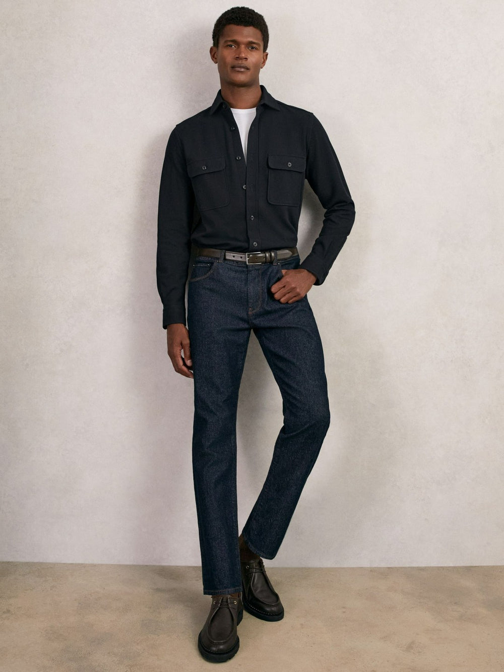 Men Textured Twin Pocket Cotton Blend Overshirt in Navy