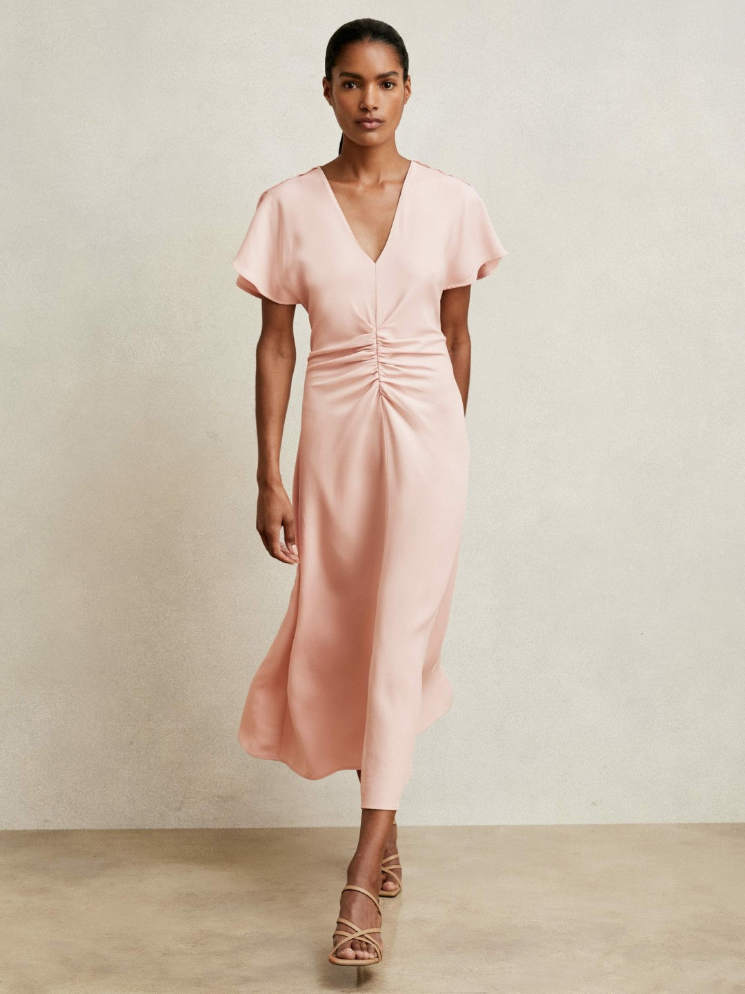 Women Ruched-Front Midi Dress in Pale Pink