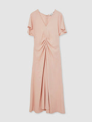 Women Ruched-Front Midi Dress in Pale Pink
