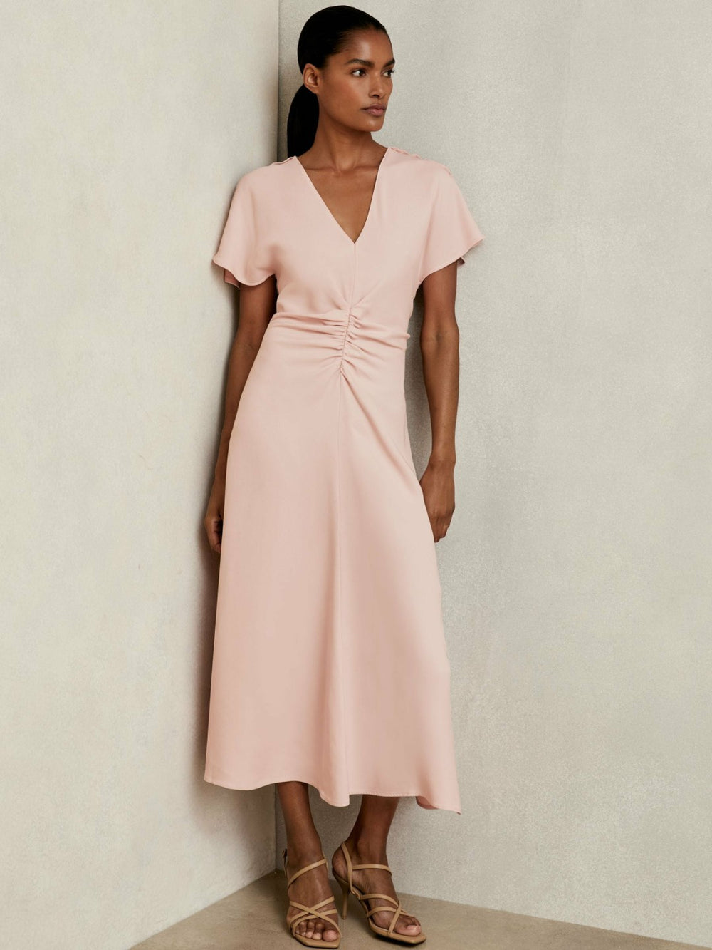 Women Ruched-Front Midi Dress in Pale Pink