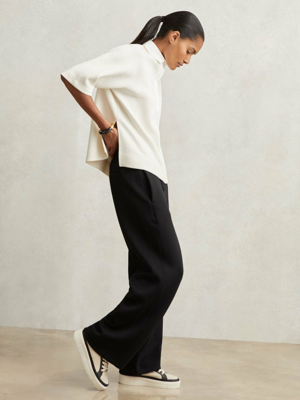 Women Petite Wide-Leg Interlock Drawstring Joggers in Black