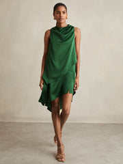 Women Satin Drape-Neck Layered Dress in Green
