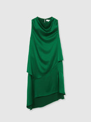 Women Satin Drape-Neck Layered Dress in Green
