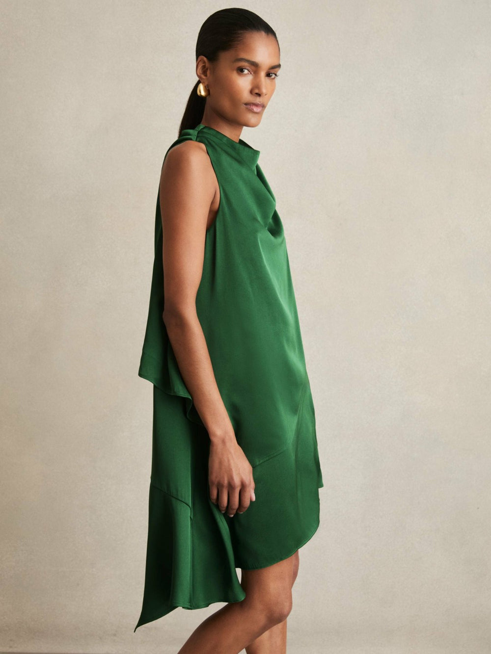 Women Satin Drape-Neck Layered Dress in Green
