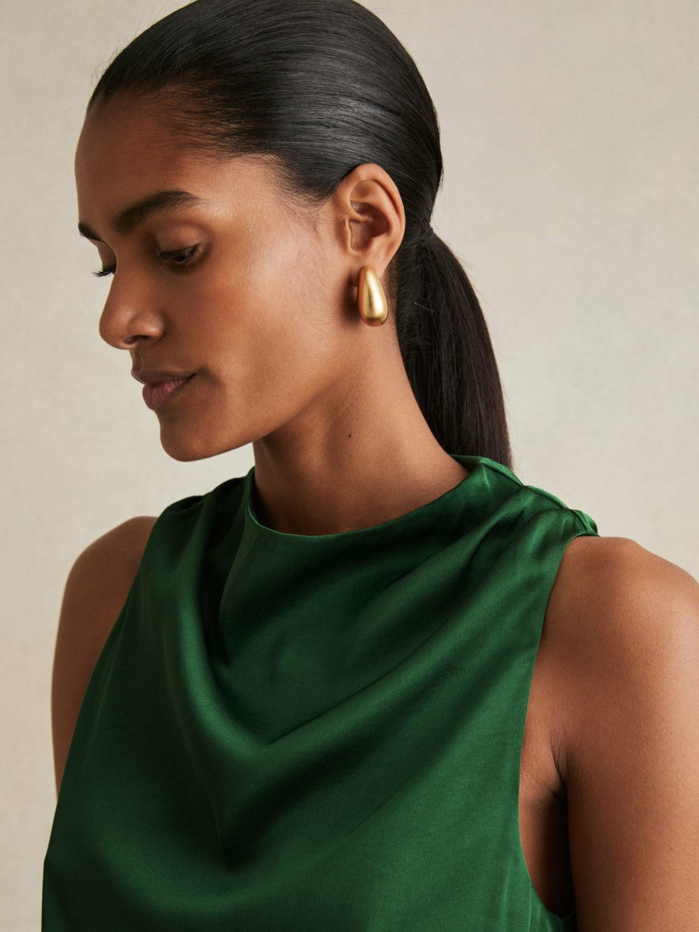 Women Satin Drape-Neck Layered Dress in Green