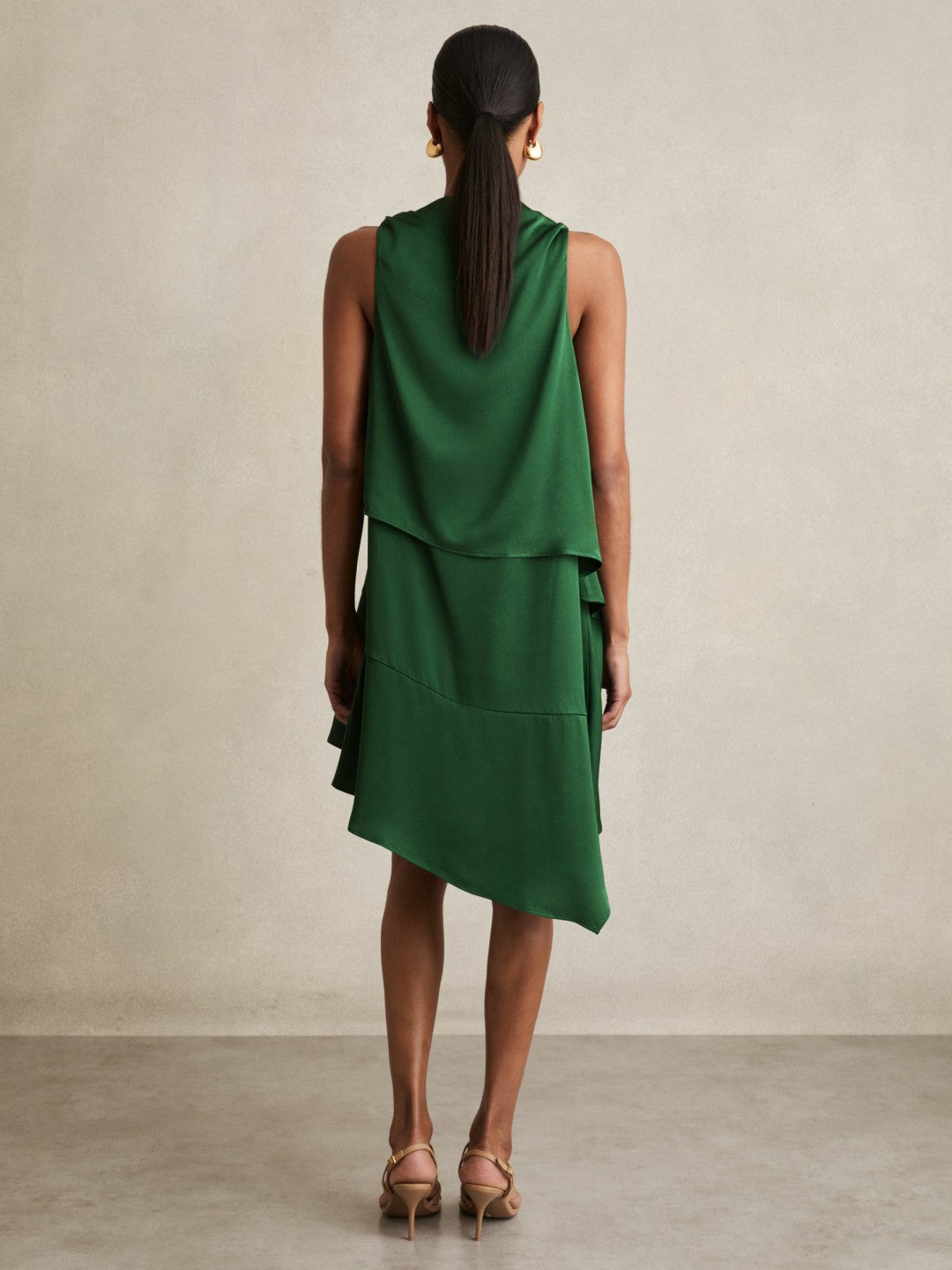 Women Satin Drape-Neck Layered Dress in Green