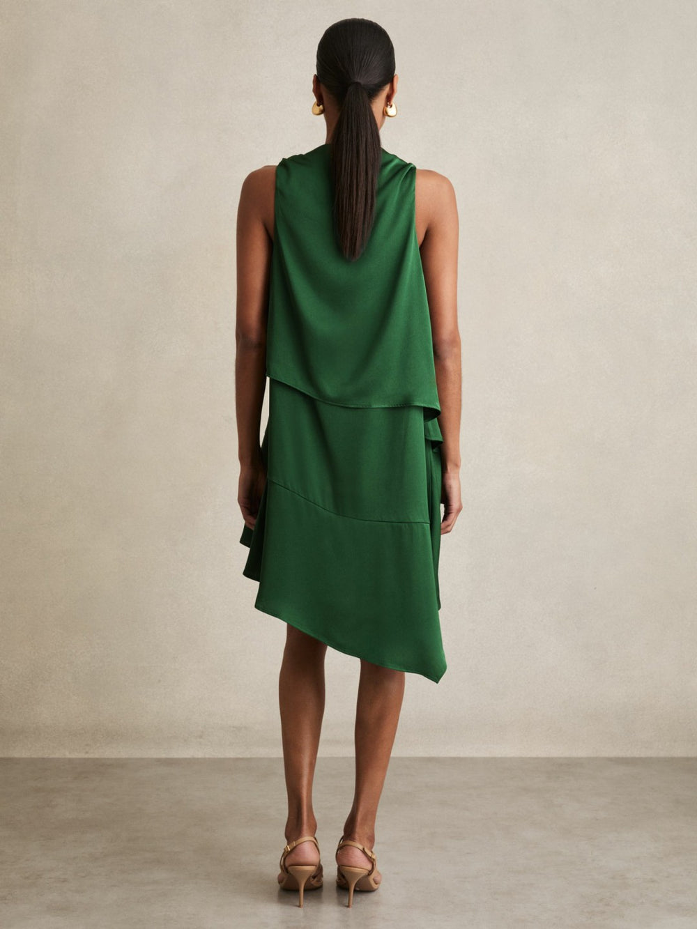 Women Satin Drape-Neck Layered Dress in Green