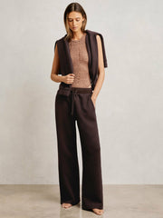 Women Petite Wide-Leg Interlock Drawstring Joggers in Plum