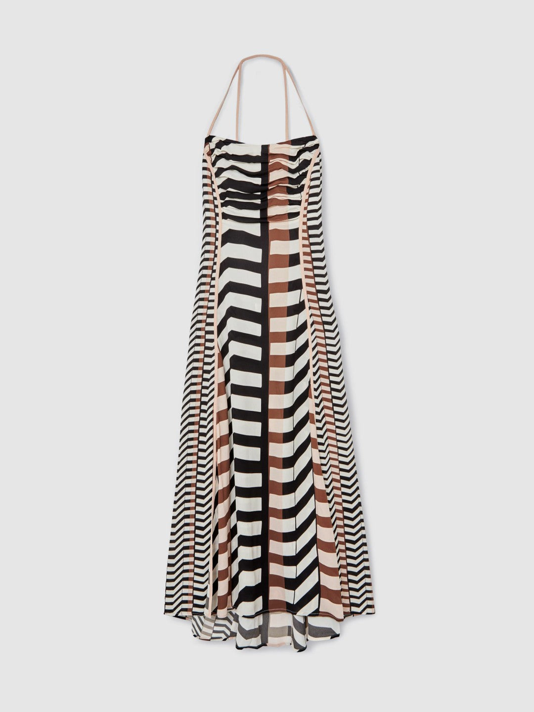 Women Chevron-Stripe Ruched Midi Dress in Black/Brown