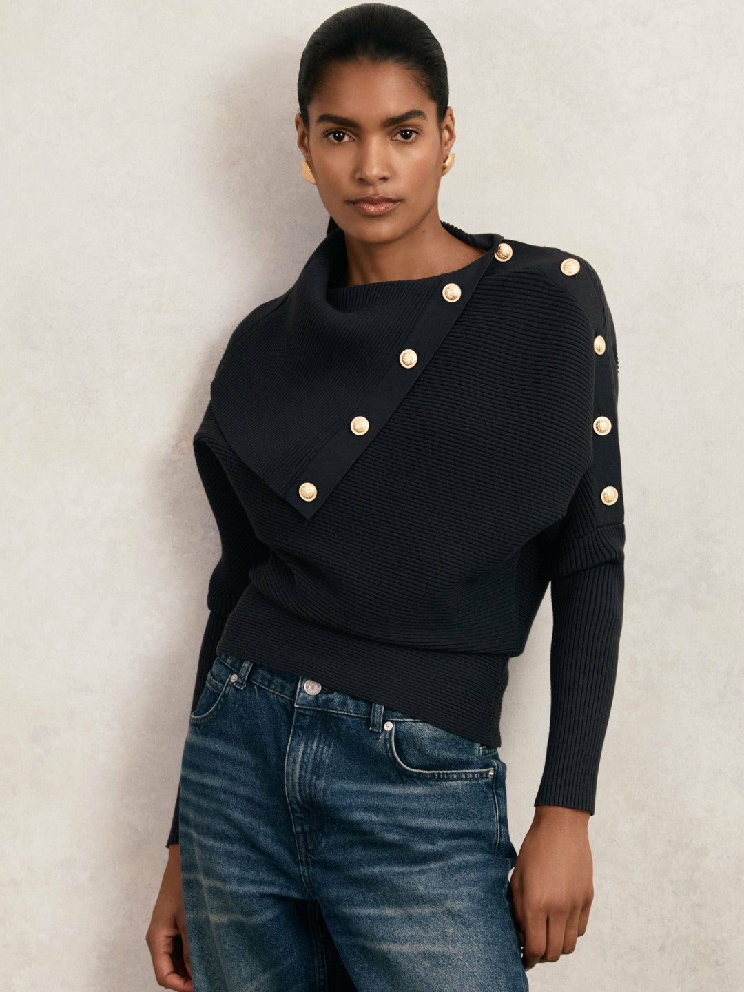 Women Rib-Knit Button Shawl Jumper in Navy