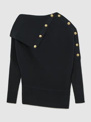 Women Rib-Knit Button Shawl Jumper in Navy