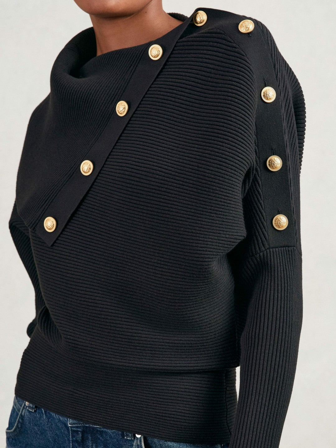 Women Rib-Knit Button Shawl Jumper in Navy