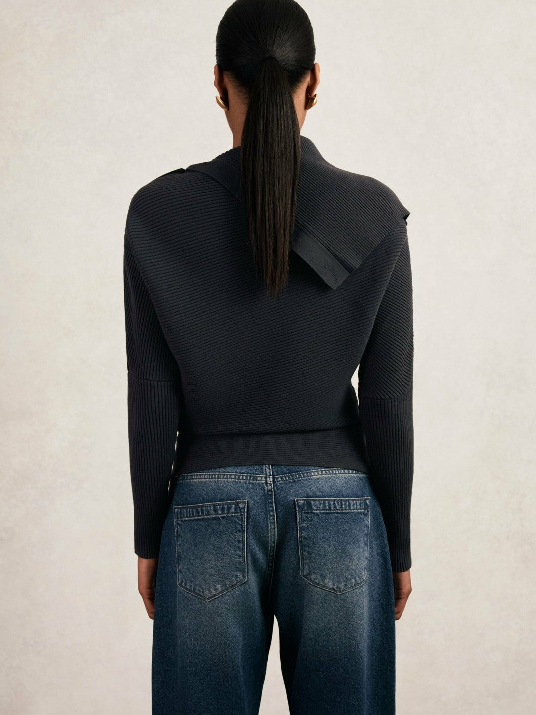 Women Rib-Knit Button Shawl Jumper in Navy