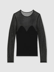 Women Mesh Knit Sweetheart Long-Sleeve Top in Black