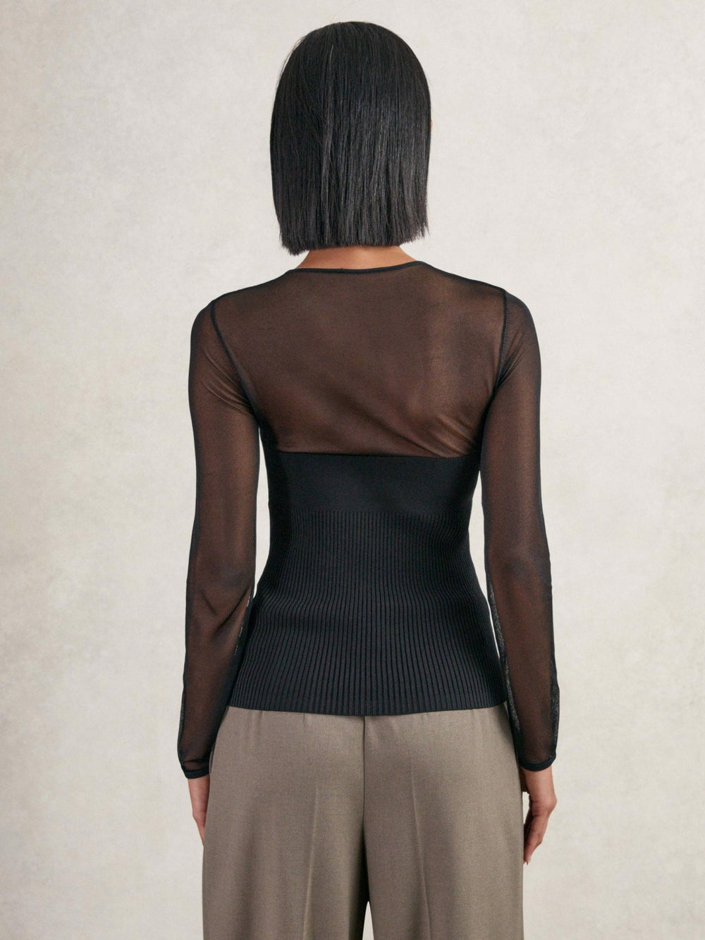 Women Mesh Knit Sweetheart Long-Sleeve Top in Black