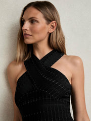 Women Cross Neck Textured Top in Black