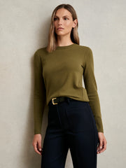 Women Wool-Blend Open-Stitch Jumper with Cashmere in Khaki Green