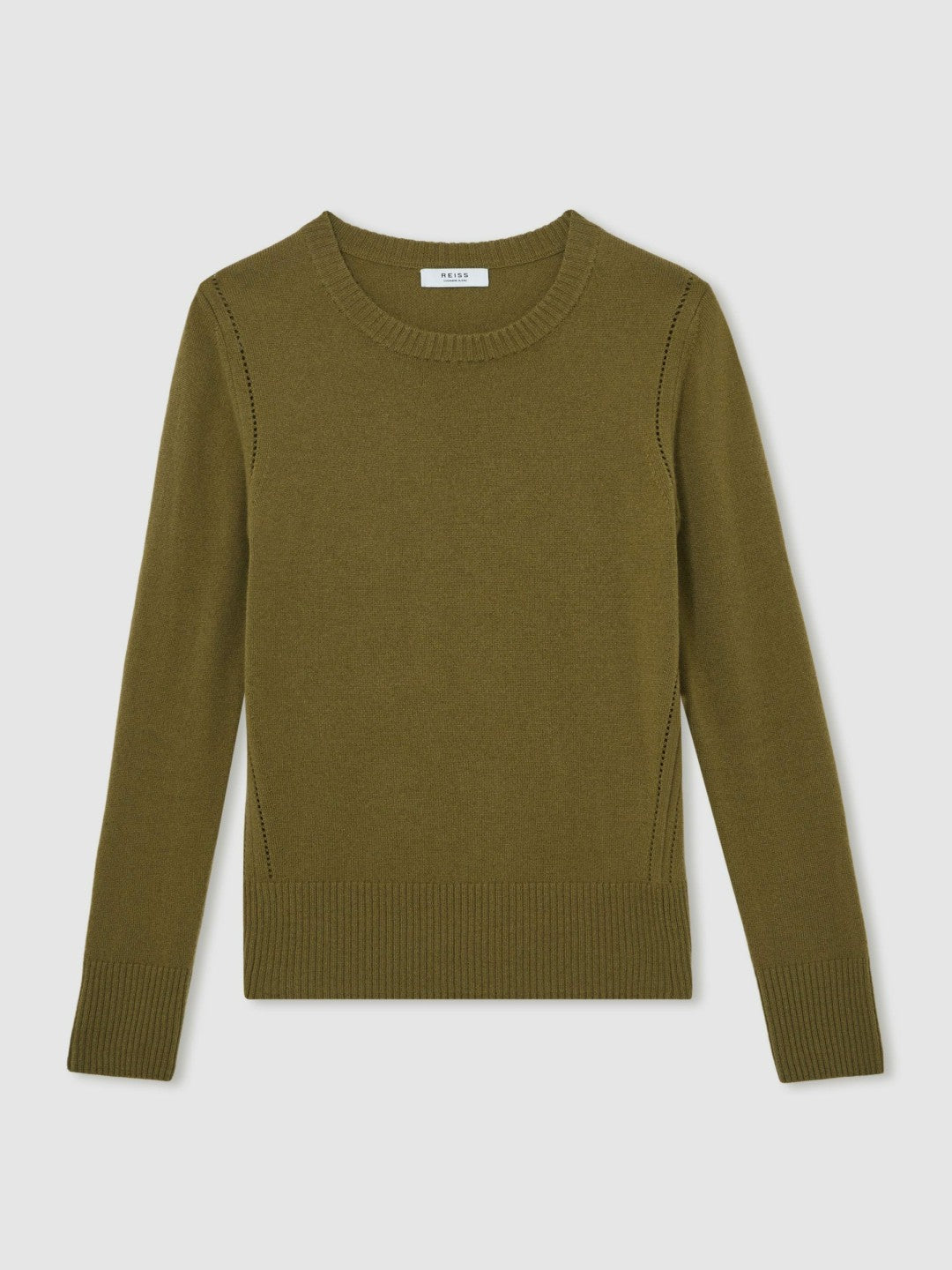 Women Wool-Blend Open-Stitch Jumper with Cashmere in Khaki Green