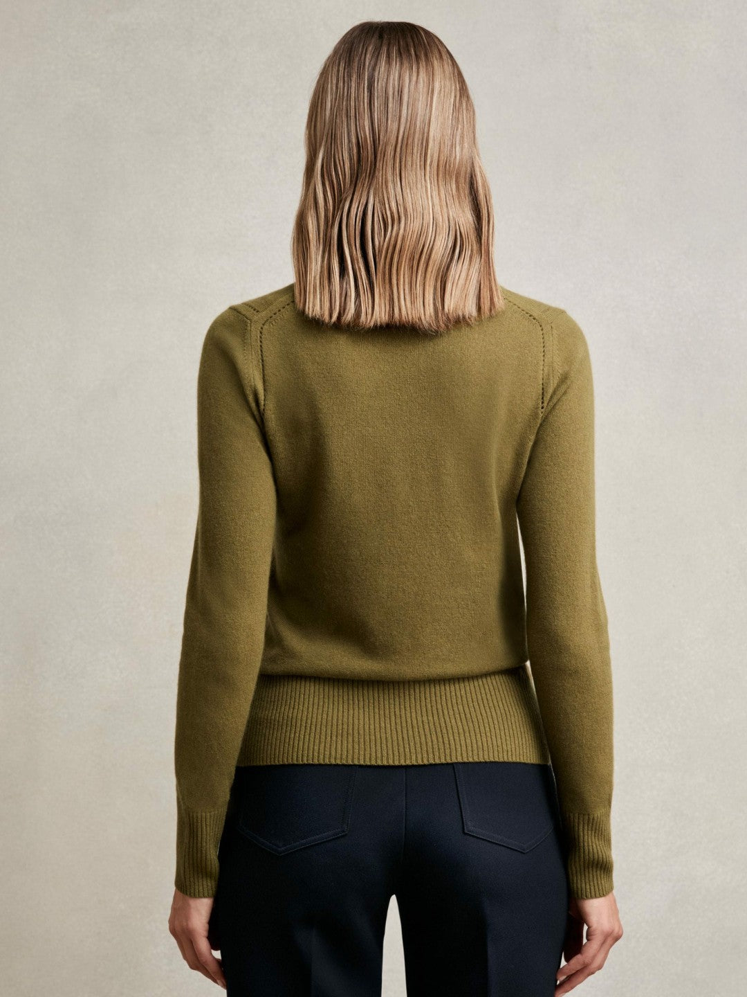 Women Wool-Blend Open-Stitch Jumper with Cashmere in Khaki Green