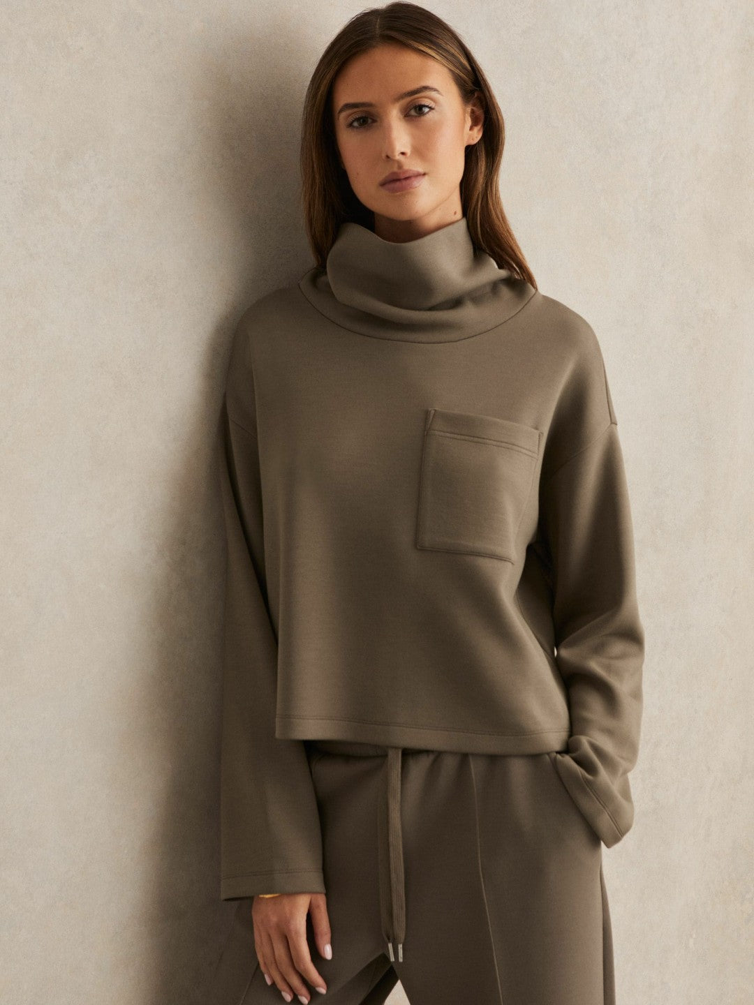 Women Interlock Jersey Funnel Neck Sweatshirt in Khaki Green