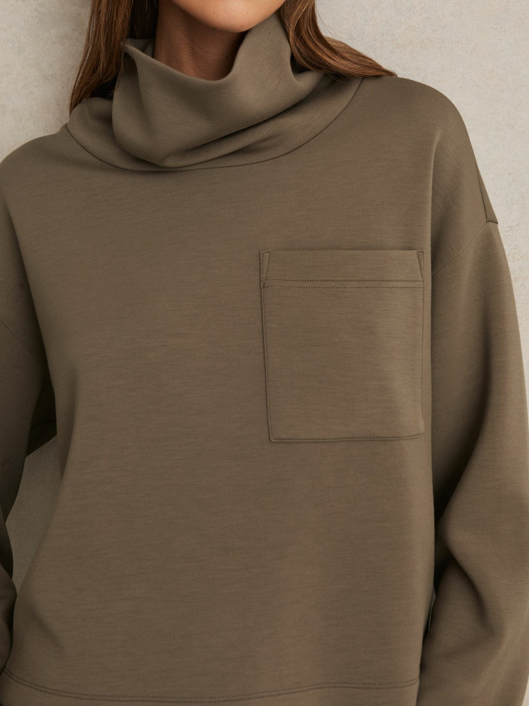 Women Interlock Jersey Funnel Neck Sweatshirt in Khaki Green