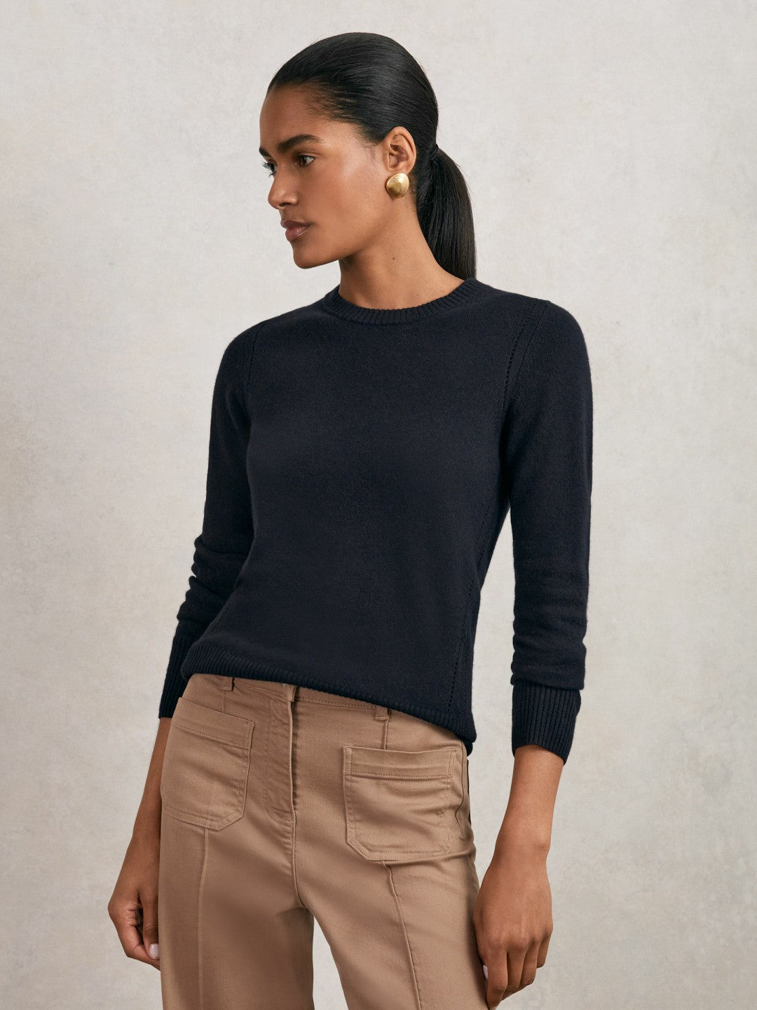 Women Wool-Blend Open-Stitch Jumper with Cashmere in Navy