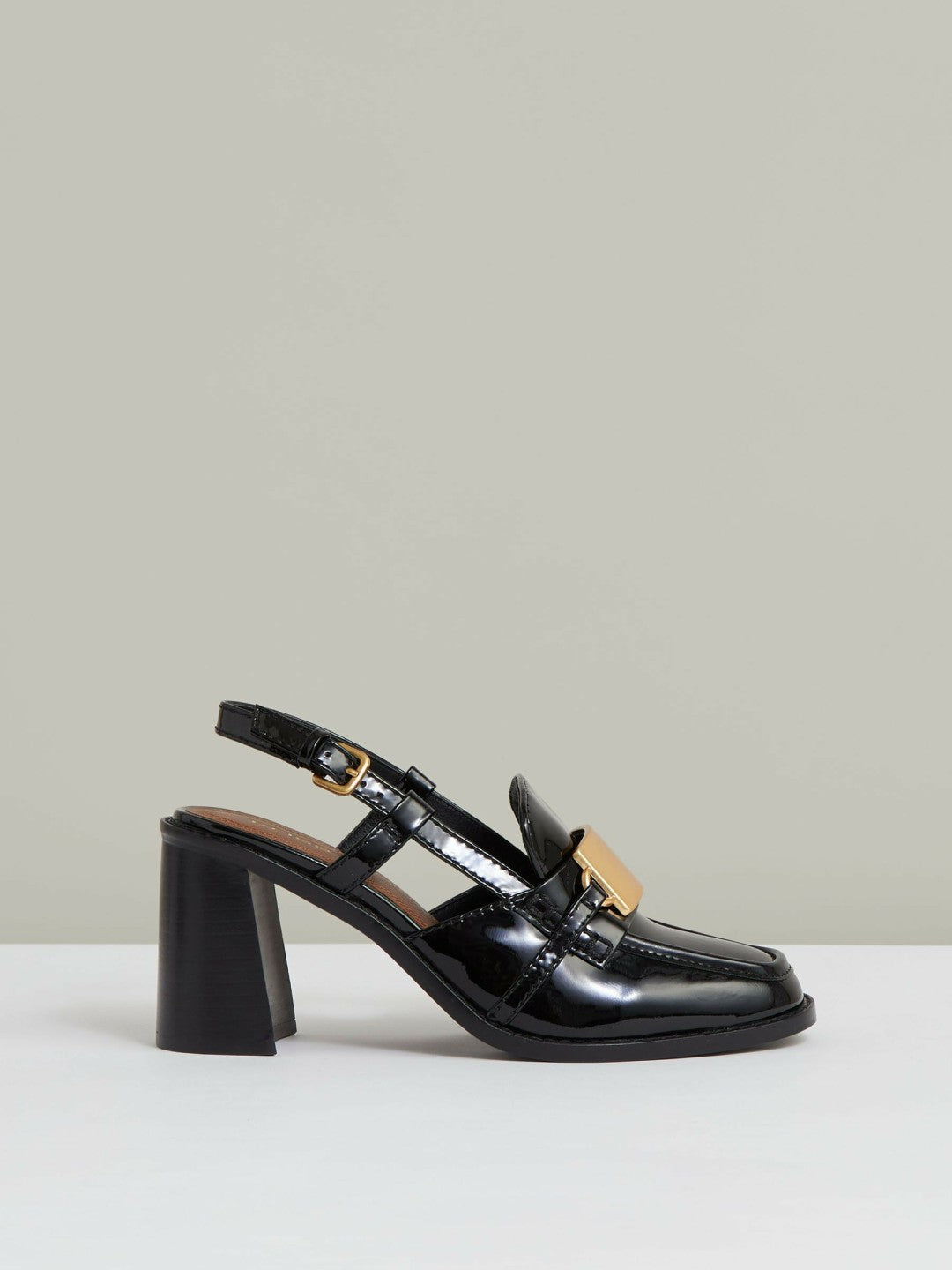 Women Patent Leather Slingback Heeled Loafers in Black