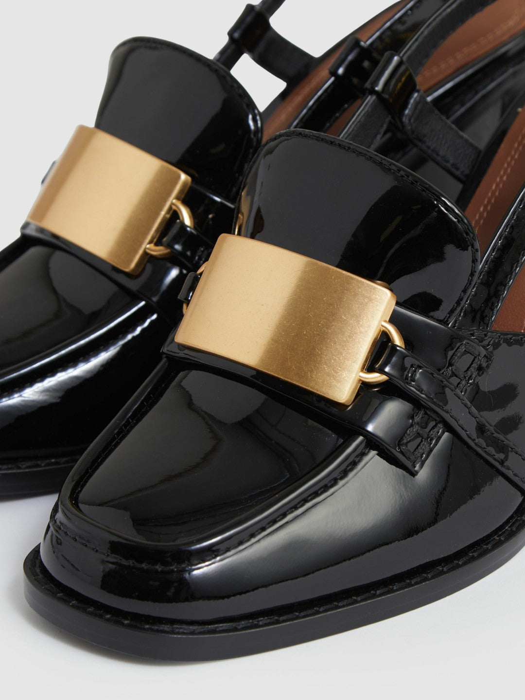 Women Patent Leather Slingback Heeled Loafers in Black
