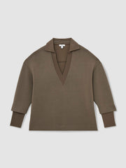 Women Interlock Open-Collar Sweatshirt in Khaki Green