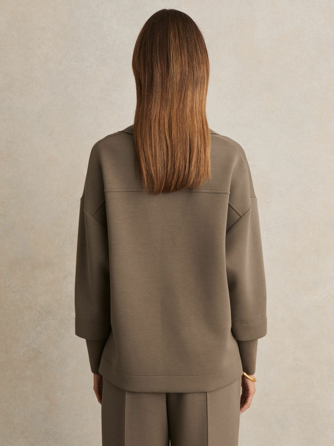 Women Interlock Open-Collar Sweatshirt in Khaki Green