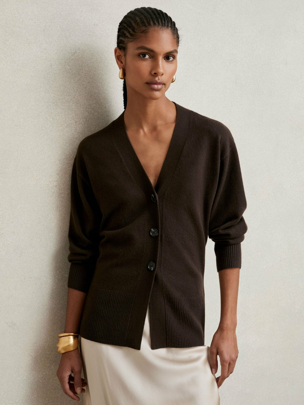 Women Wool-Blend Fitted Cardigan With Cashmere in Chocolate