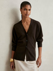 Women Wool-Blend Fitted Cardigan With Cashmere in Chocolate